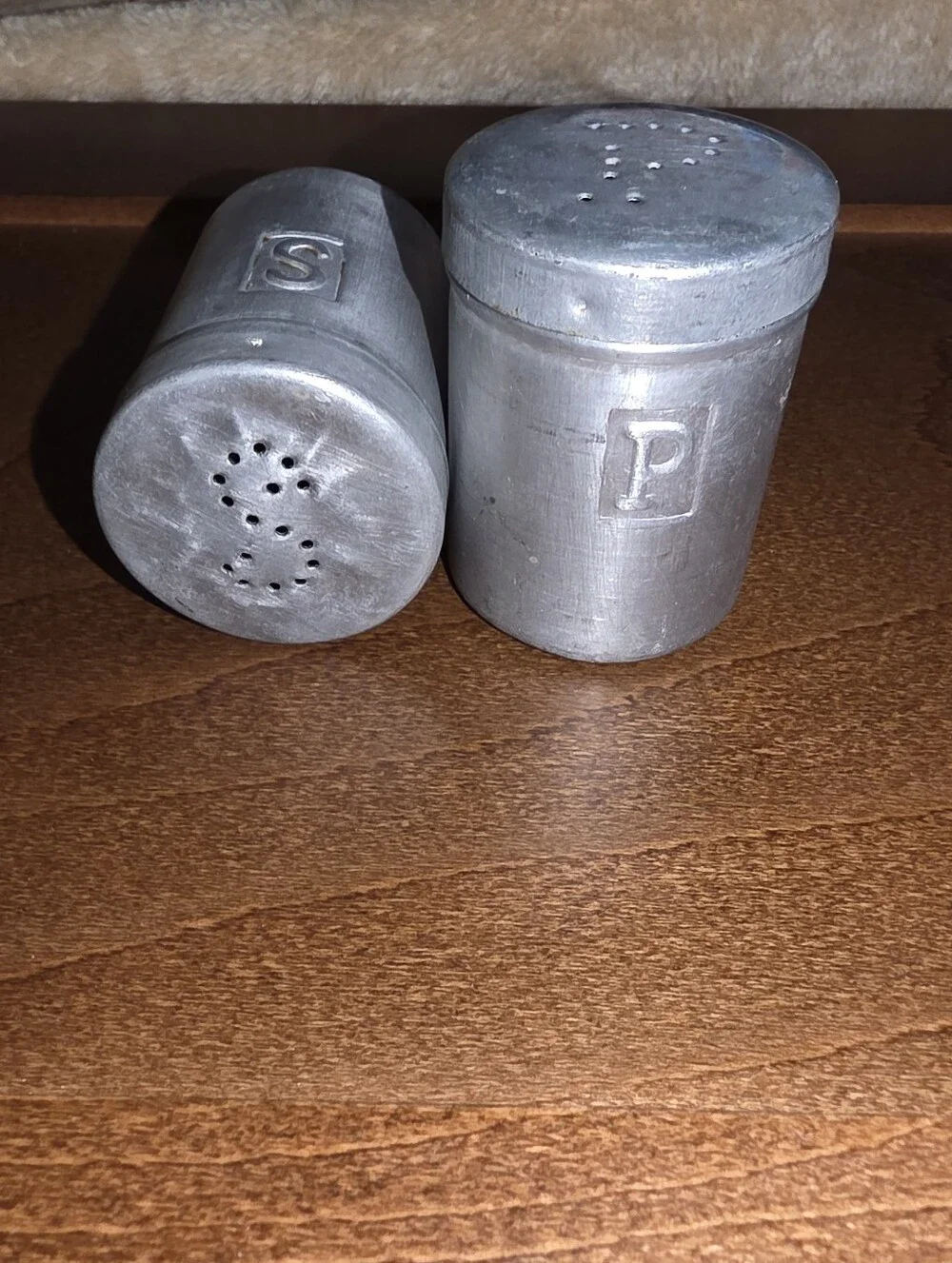 Vintage 1950s Aluminum Tin Funnel, Measuring Cup & Salt & Pepper Shakers